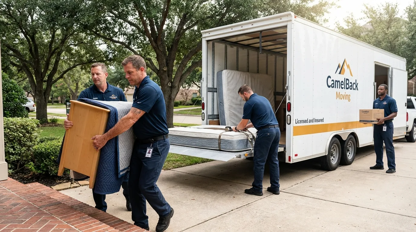 Crew loading residential truck for cross-state move from Canyon, TX