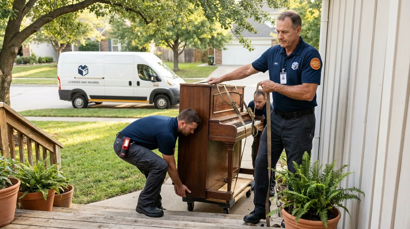 Licensed piano movers securing grand piano in Canyon, TX