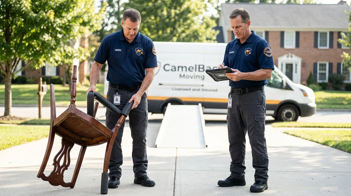 Movers inspecting furniture for damage prevention before loading in Canyon, TX
