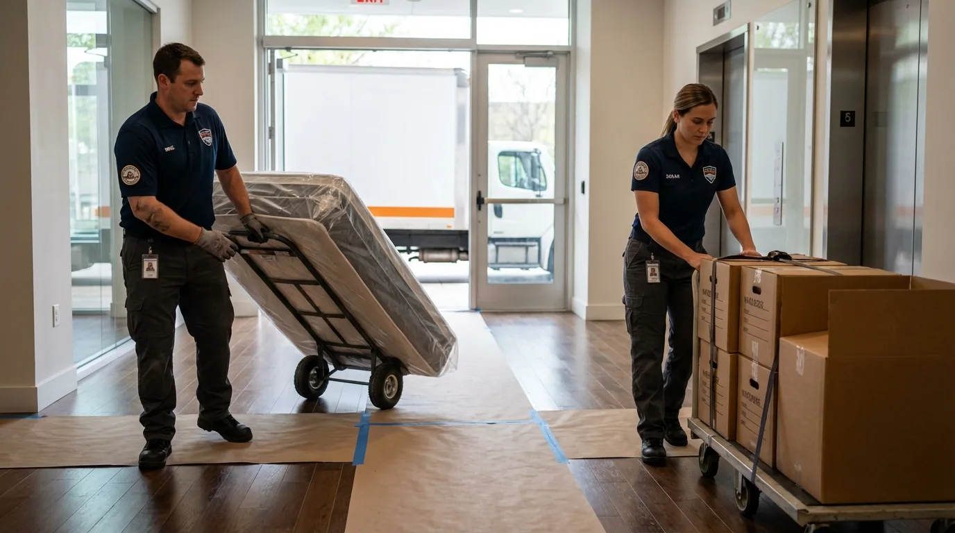 Professional apartment movers loading elevator in Canyon, TX